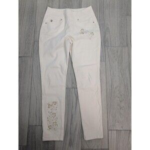NWOT Belle Kim Gravel Pants Womens 8 Beige Embroidert Pull On Stretch Floral